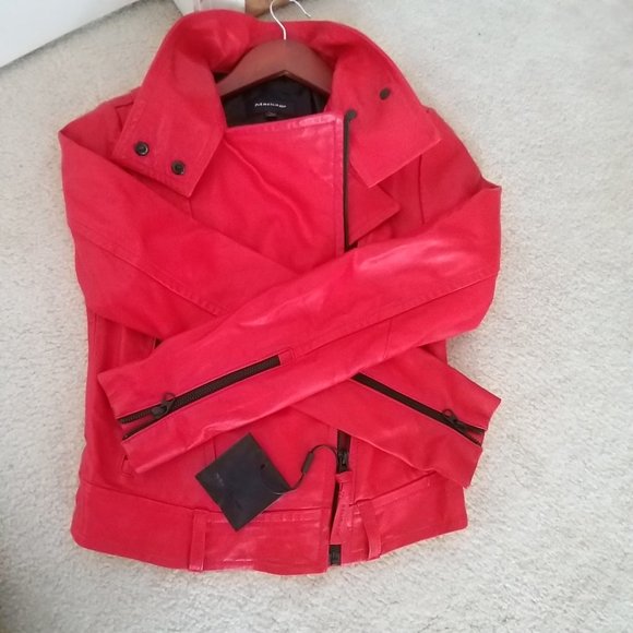 Mackage Hania Leather Moto Zip Jacket Size xxs Red / Flame New (Missing Belt) - Picture 3 of 16